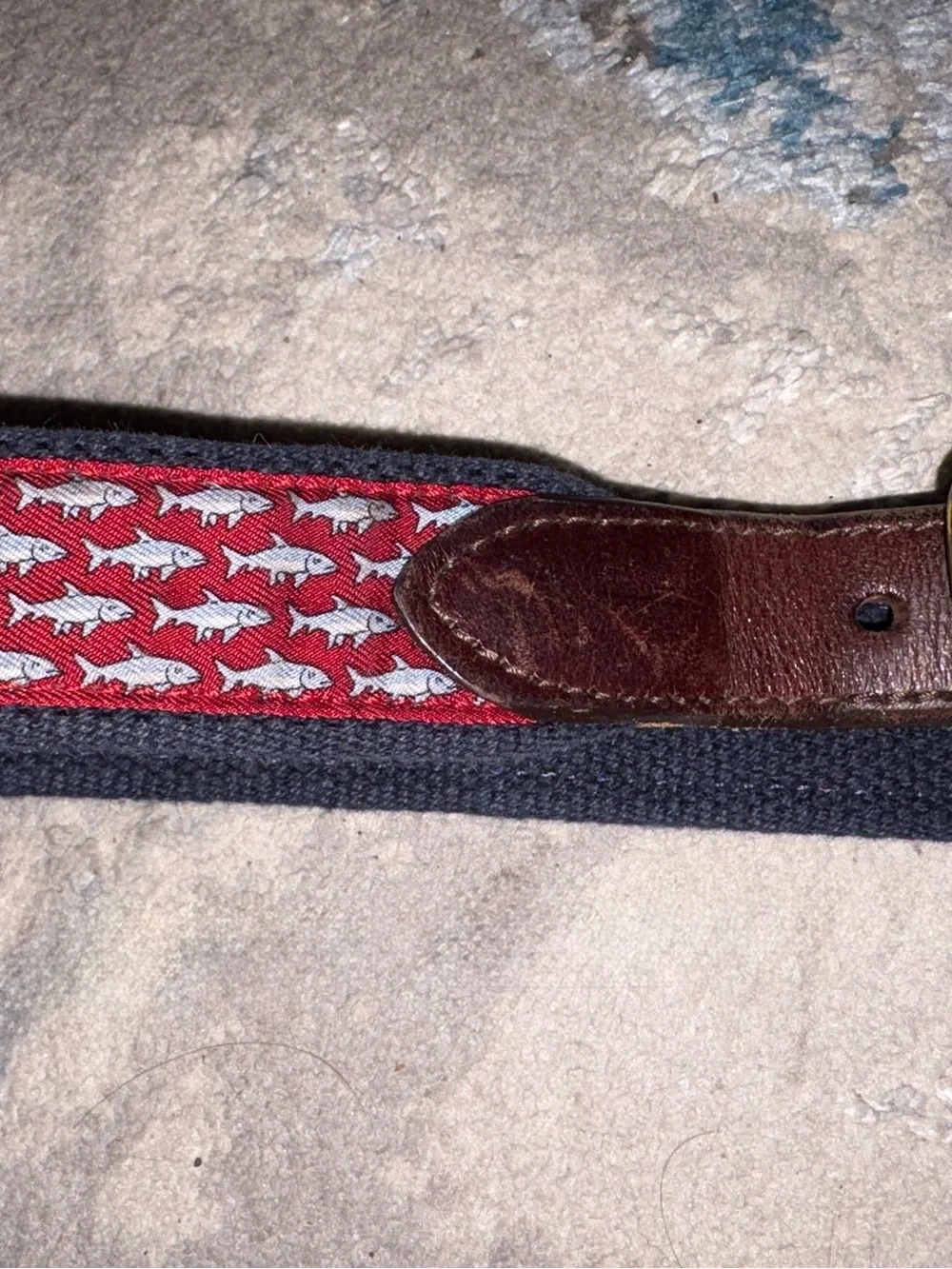 Vineyard Vines Navy Web Belt with Brown Leather and Red Pattern Inlay
